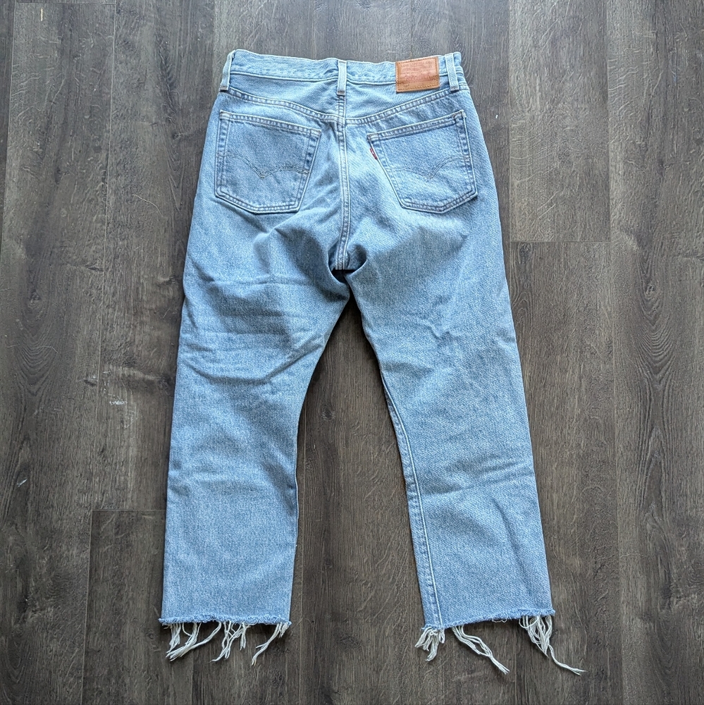 Levi's 501 Cropped Raw Hem Distressed Light Wash Button Fly Jeans - Picture 3 of 15